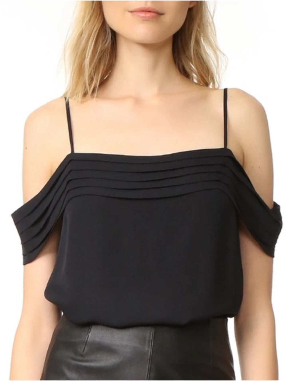 T by Alexander Wang 100% Silk Black Cold-Shoulder Pleated-Trim Camisole